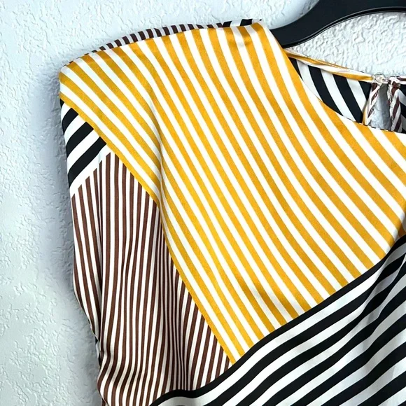 MNG Mango Brown Yellow Black White Stripes Padded shoulder Casual Blouse Tops 6 - Picture 6 of 8
